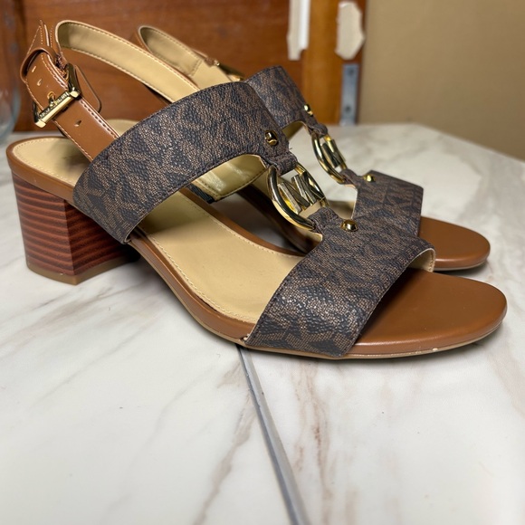 Michael Kors Shoes - MICHAEL Michael Kors Print Logo Mid Block Heels Sandal Sz 6.5